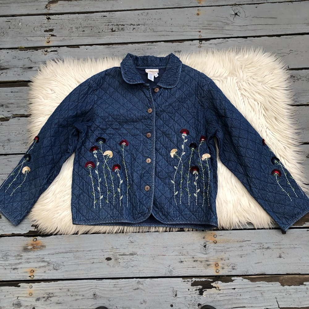 Vintage Coldwater Creek Quilted Floral Embroidered Blue Chambray Jacket size PL